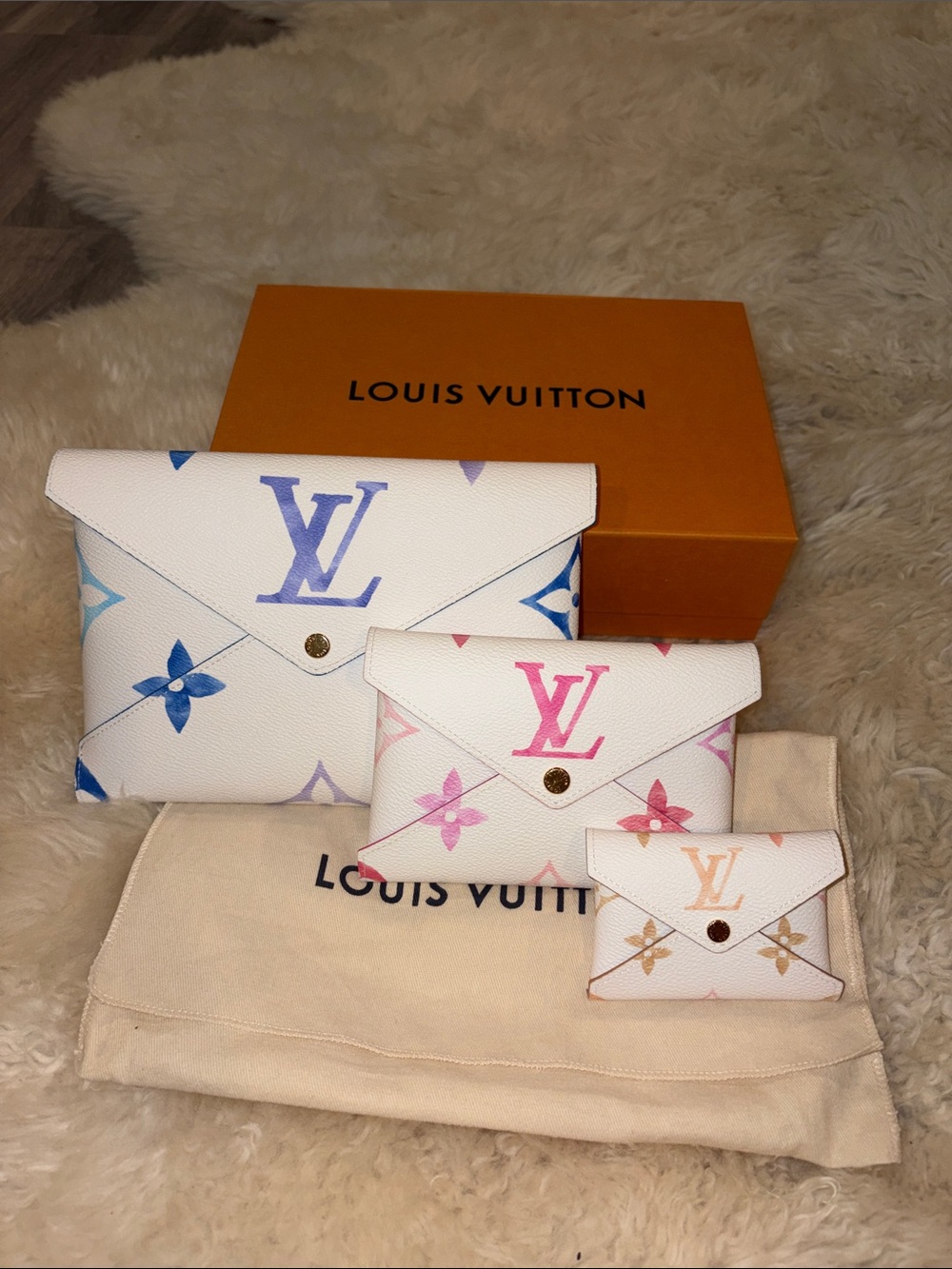 Authentic Louis Vuitton White Kirigami Set of 3 Multicolor Monogram Pouches